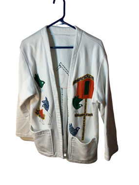 Women's White Quilted Embroidered Bird Open Cardigan